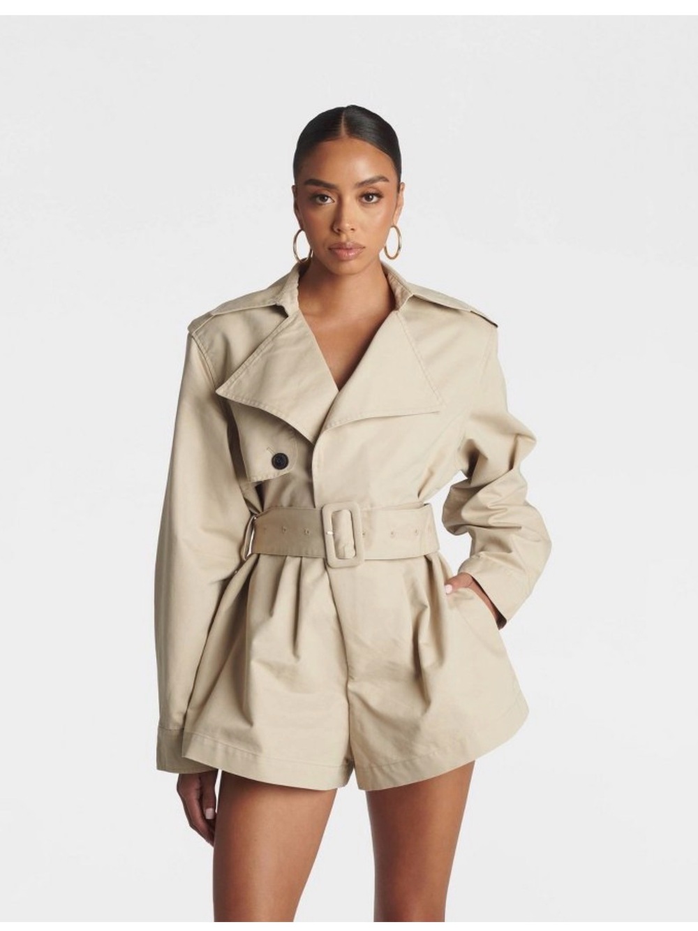 KBB by Kahlana Beige Belted Trench Romper Medium